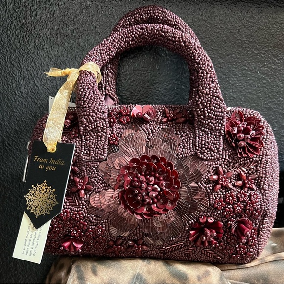 🖤🖤MADE IN INDIA GORGEOUS WINE/BURGUNDY  HANDCRAFTED BEADED BAG🖤🖤NWT - Picture 7 of 14